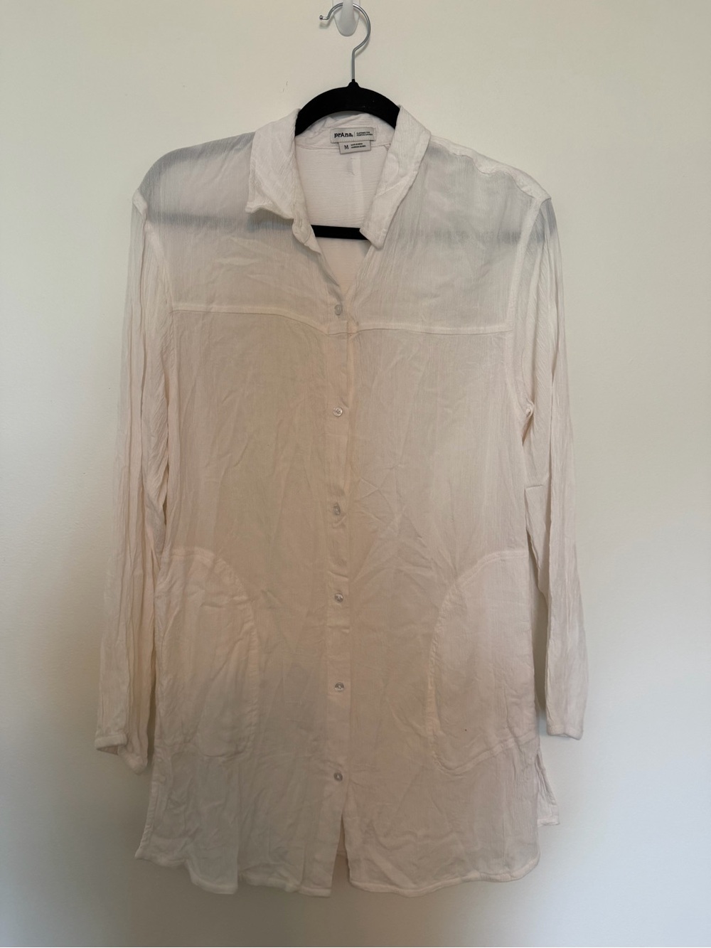 prAna Women’s M White Crinkle Button Down Tunic Shirt Longline Pockets Boho